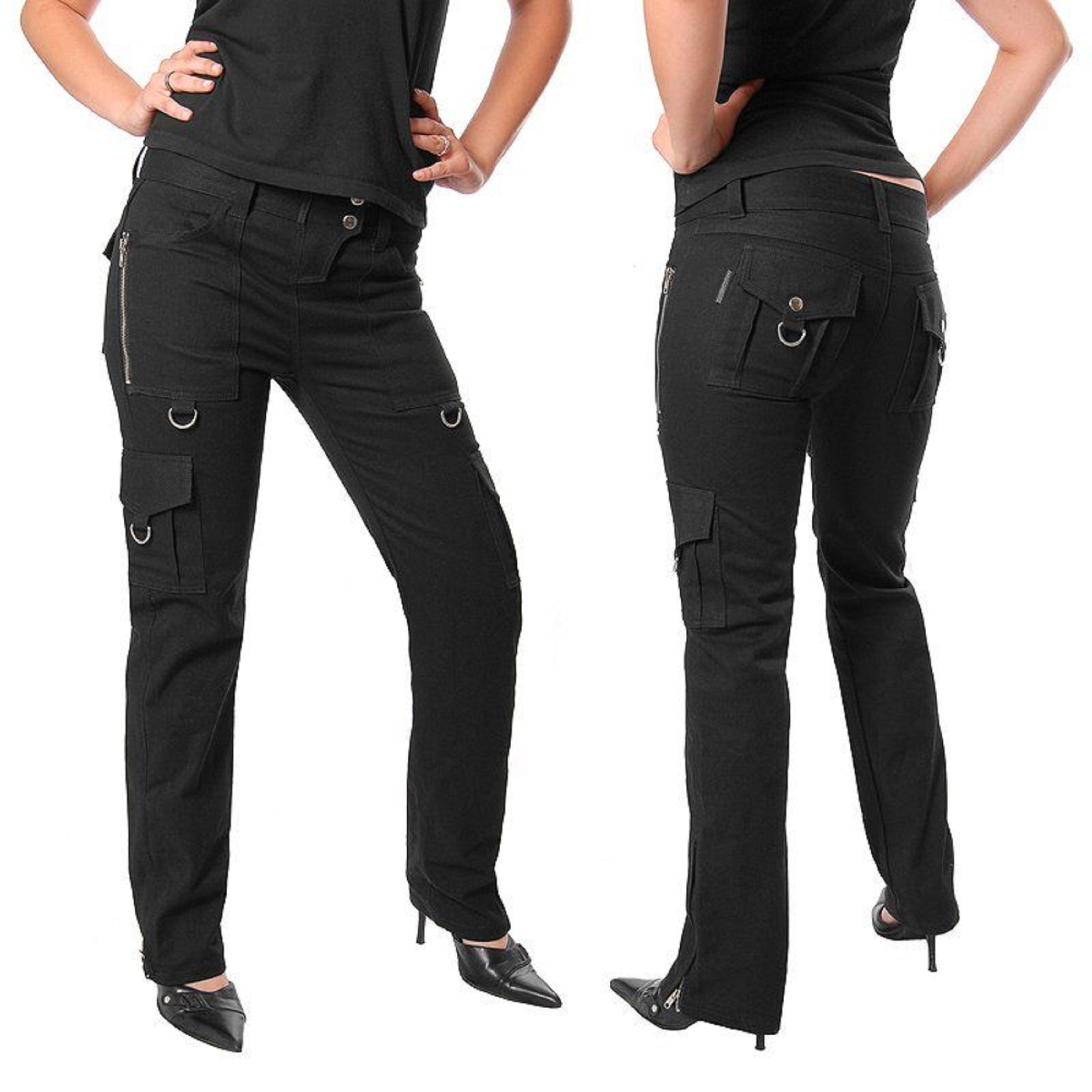 Beautiful, simple and discreet women's pants with 6 D-rings on set side pockets. 100% cotton