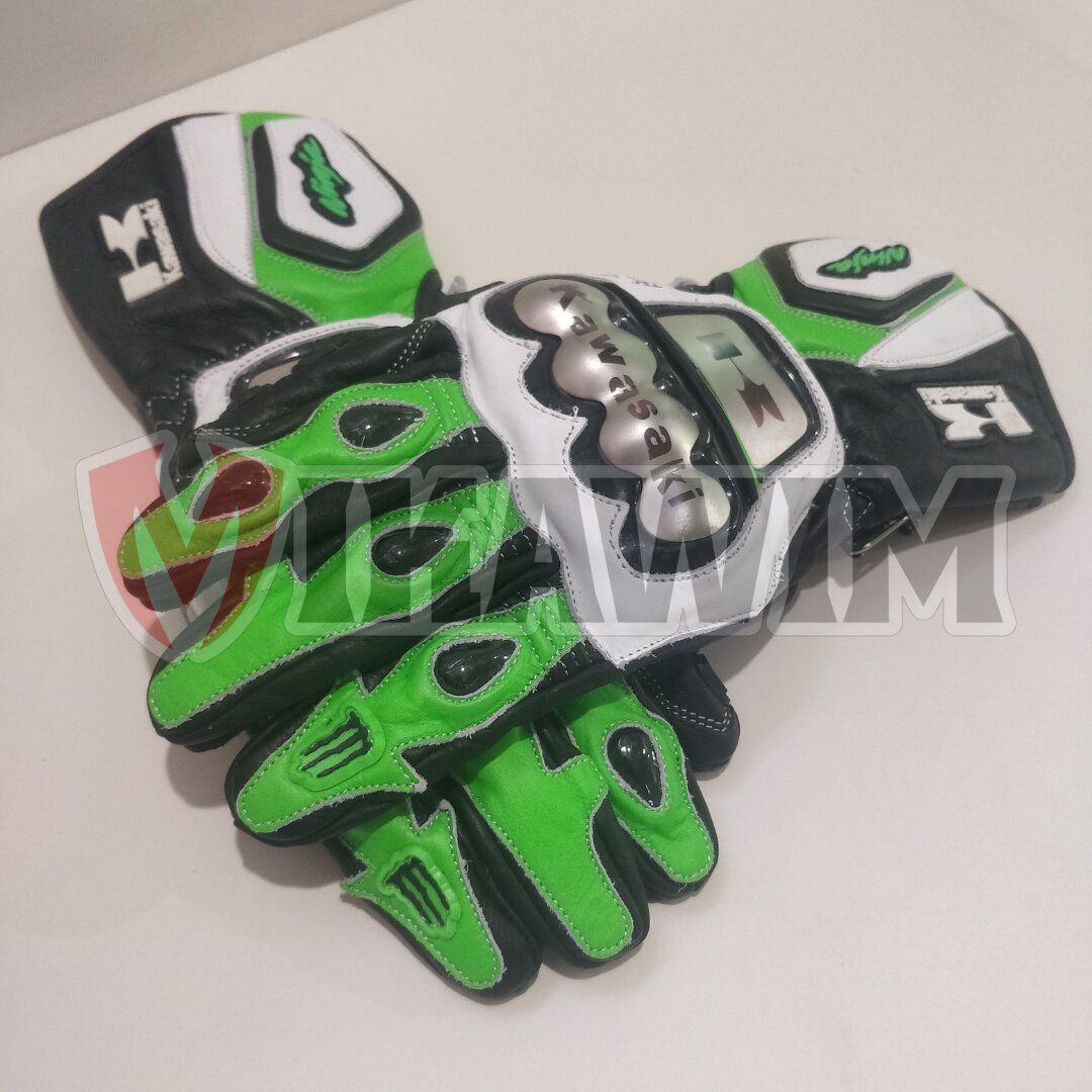 Kawasaki Motorbike Racing Leather Gloves