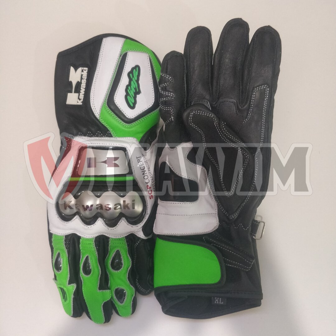 Kawasaki Motorbike Racing Leather Gloves