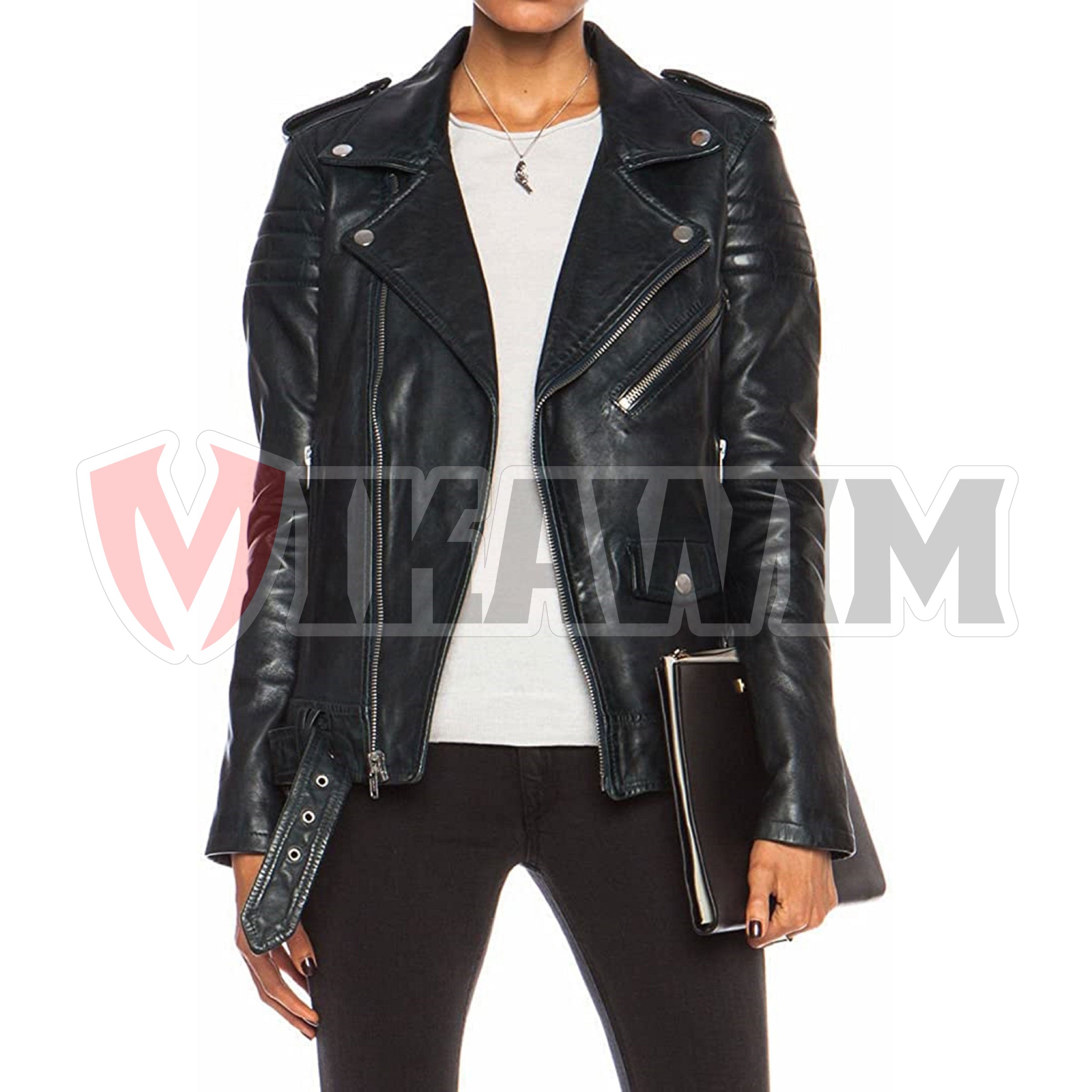 Leather Ladies Women Black Classic Bike Jacket