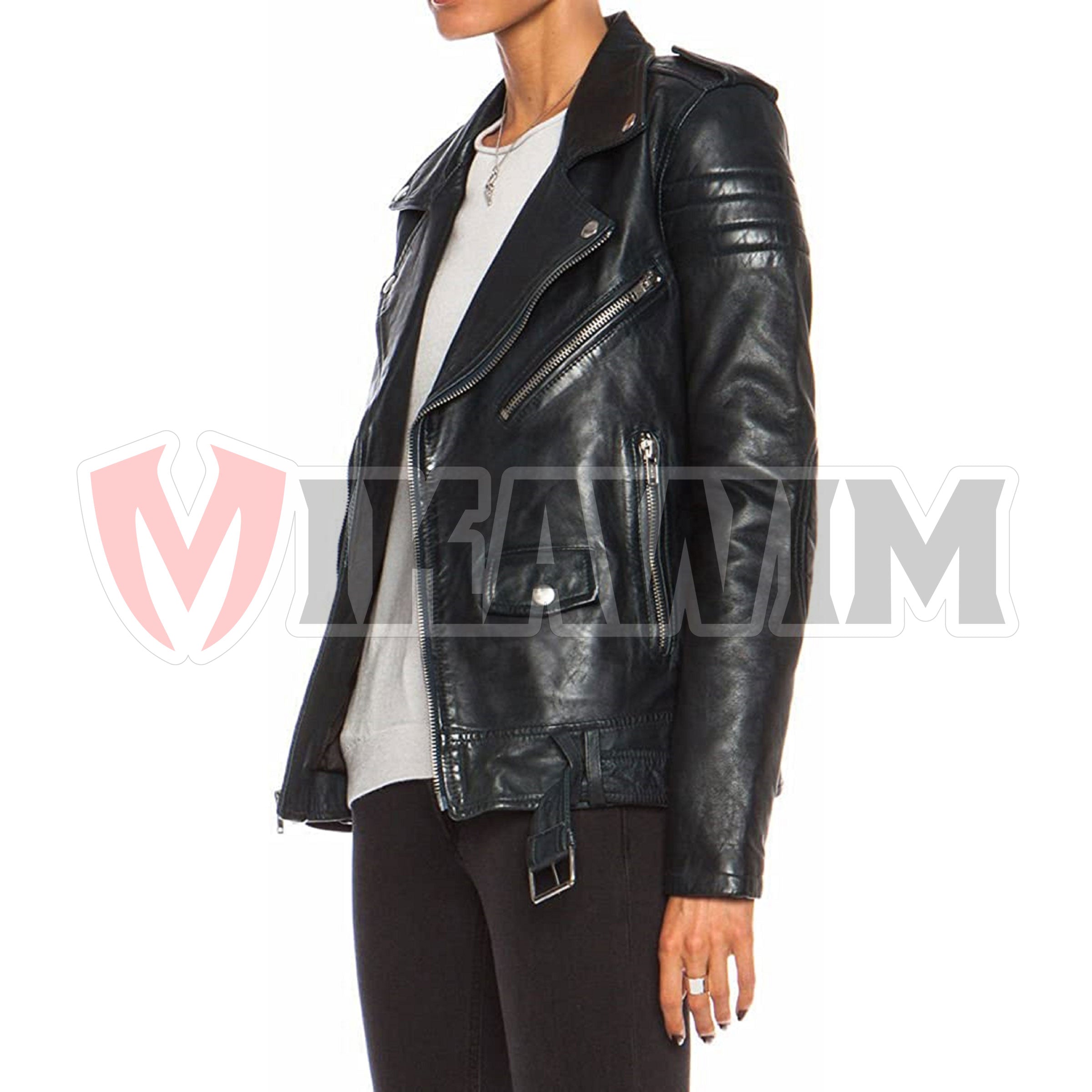 Leather Ladies Women Black Classic Bike Jacket