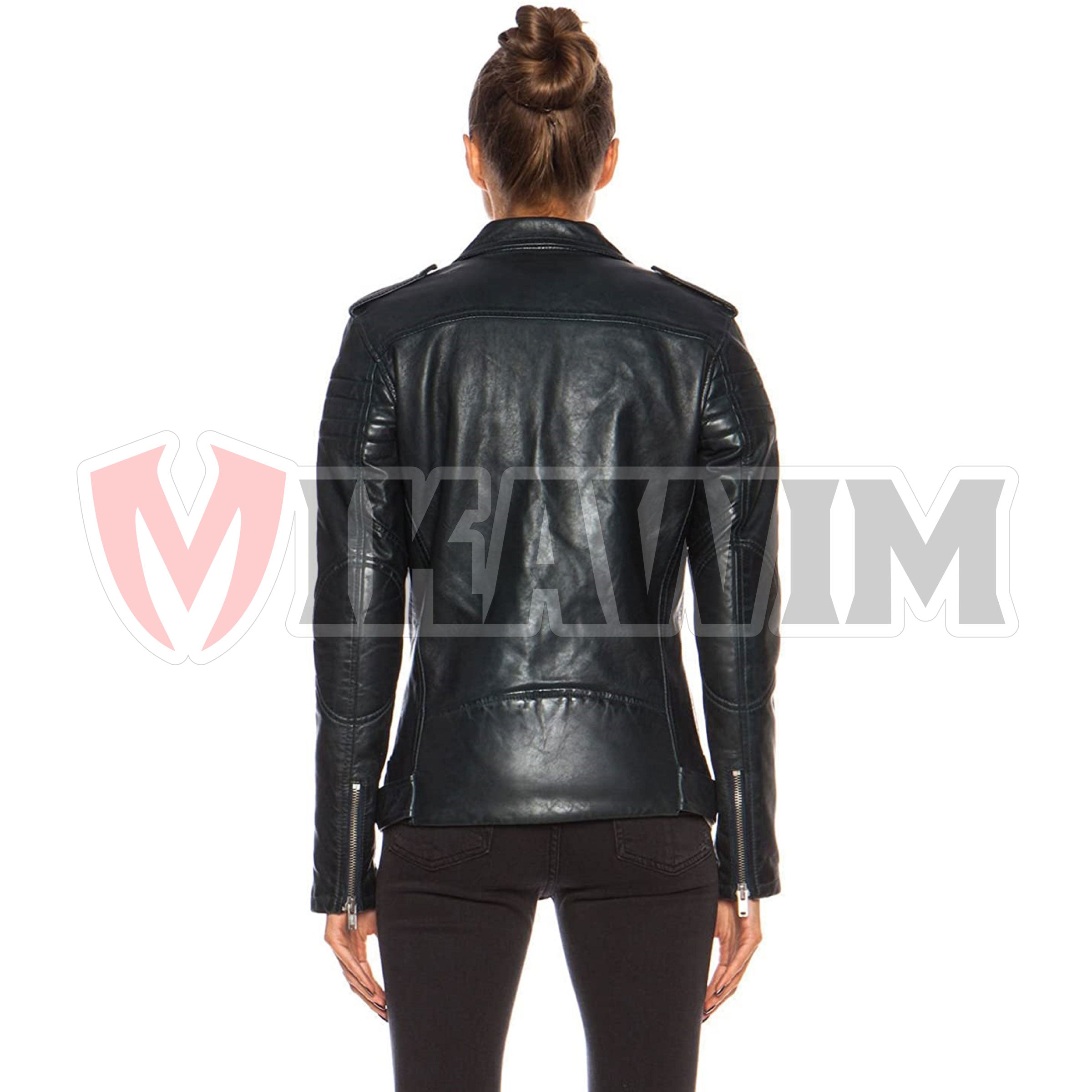 Leather Ladies Women Black Classic Bike Jacket