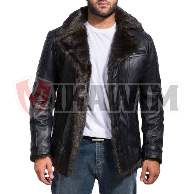 Men's Black Fur Collar Bomber Leather Jacket