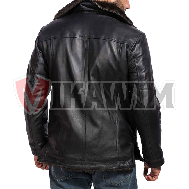 Men's Black Fur Collar Bomber Leather Jacket