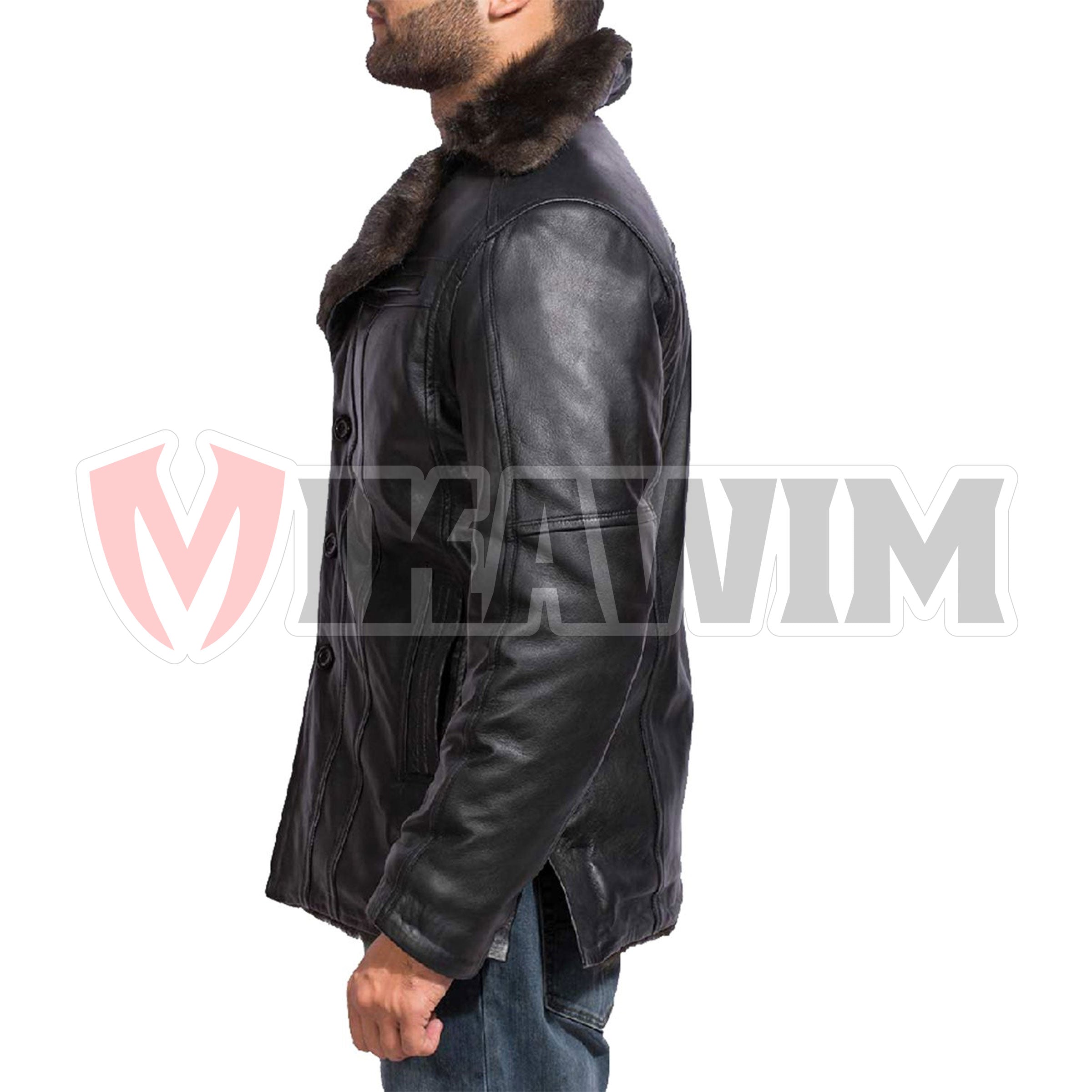 Men's Black Fur Collar Bomber Leather Jacket