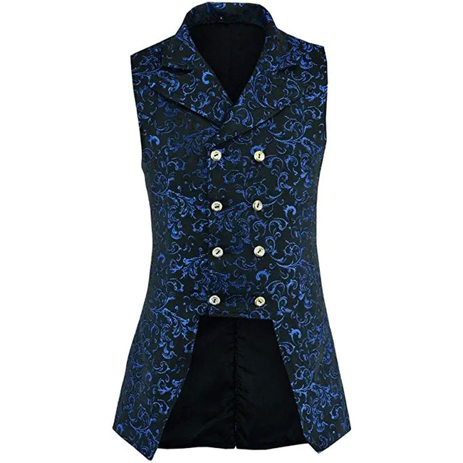 Men's Double Breasted Blue GOVERNOR Vest Waistcoat Brocade Gothic Steampunk Jacket