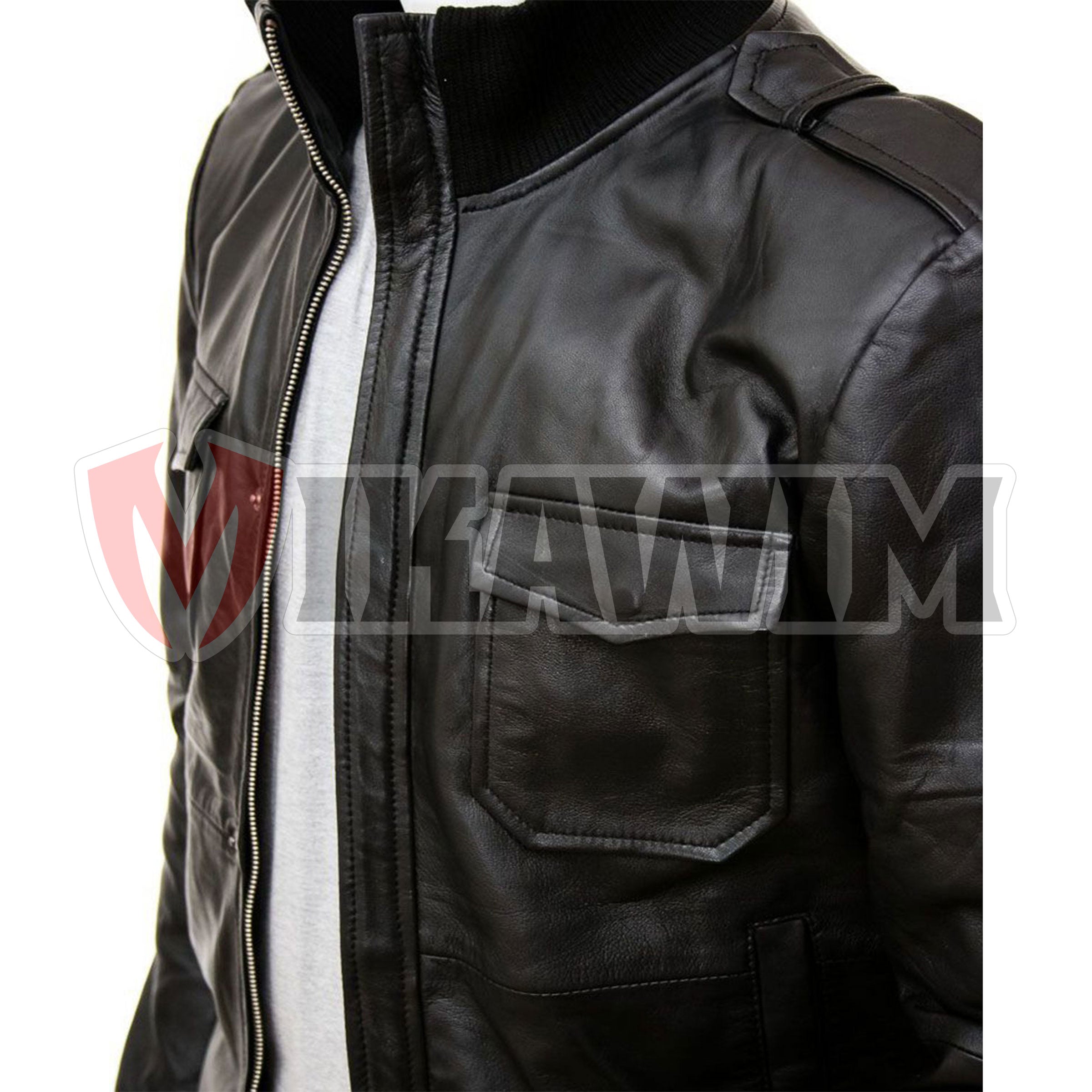 Men's Epaulettes Shoulder Stylish Bomber Black Leather Jacket