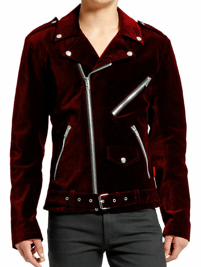 Gothic Motor Bike Maroon Velvet Motorbike Jacket Punk Fetish EMO Biker Jacket